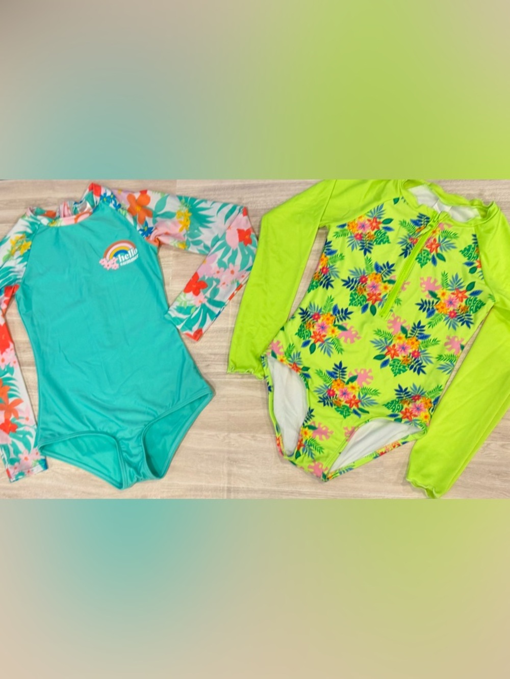 Set of 2 - Girls Neon Lime & Teal Floral Rash Guard Swim Suit- size Medium (8)